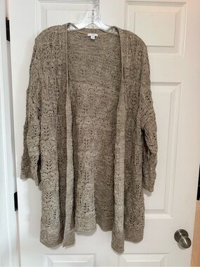 J. Jill Open-Front Taupe Crochet Knit Cardigan